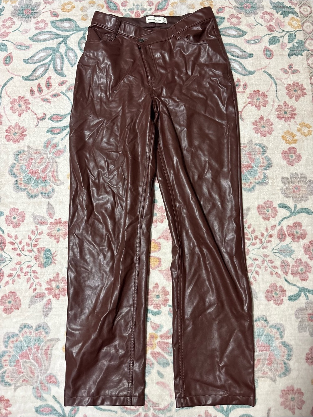 Abercrombie & Fitch Burgundy Faux Leather Straight-Leg Pants